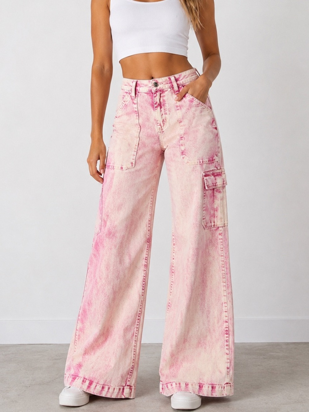 Risen Women’s Acid Pink Wide Leg Cargo denim jeans pants Size 5/27 distressed